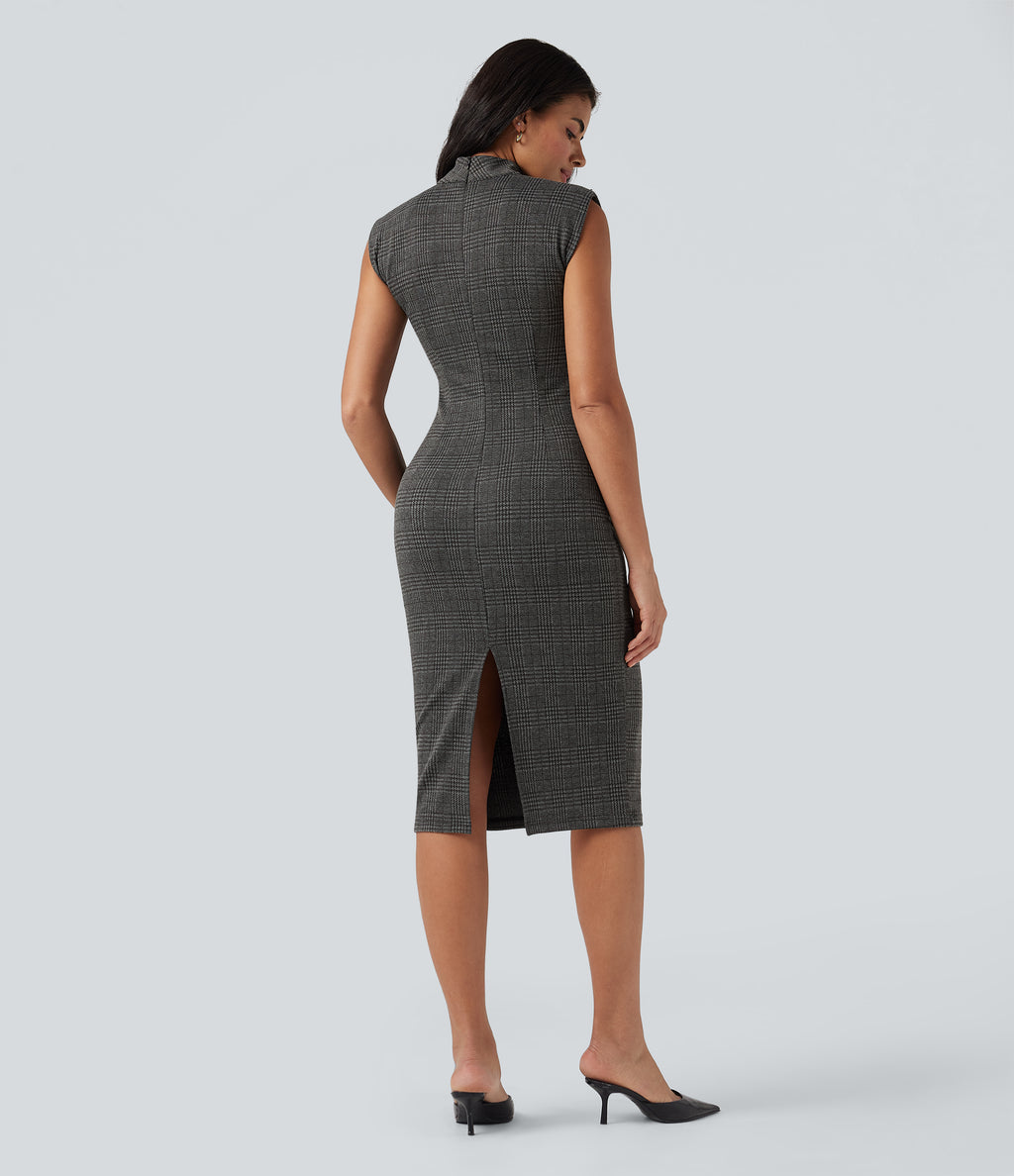 High Neck Sleeveless Bodycon Houndstooth Plaid Midi Work Dress — Charcoal Black Houndstooth Plaid — view 2