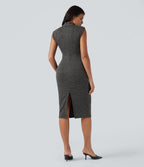 High Neck Sleeveless Bodycon Houndstooth Plaid Midi Work Dress — Charcoal Black Houndstooth Plaid — view 2