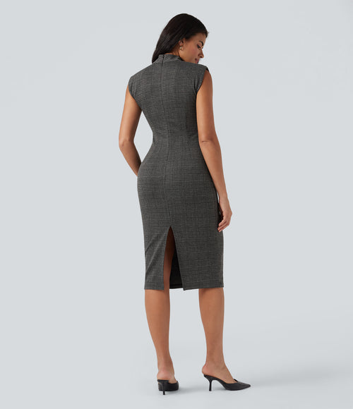 High Neck Sleeveless Bodycon Houndstooth Plaid Midi Work Dress — Charcoal Black Houndstooth Plaid — view 2