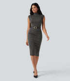 High Neck Sleeveless Bodycon Houndstooth Plaid Midi Work Dress — Charcoal Black Houndstooth Plaid — view 7