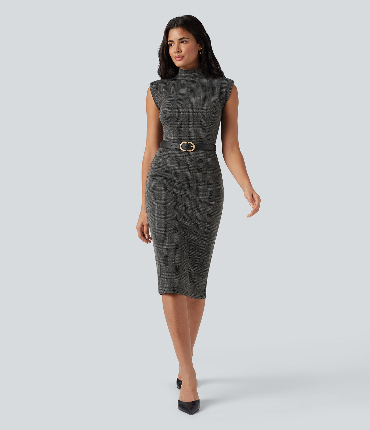 High Neck Sleeveless Bodycon Houndstooth Plaid Midi Work Dress — Charcoal Black Houndstooth Plaid — view 7