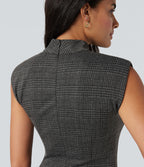 High Neck Sleeveless Bodycon Houndstooth Plaid Midi Work Dress — Charcoal Black Houndstooth Plaid — view 5