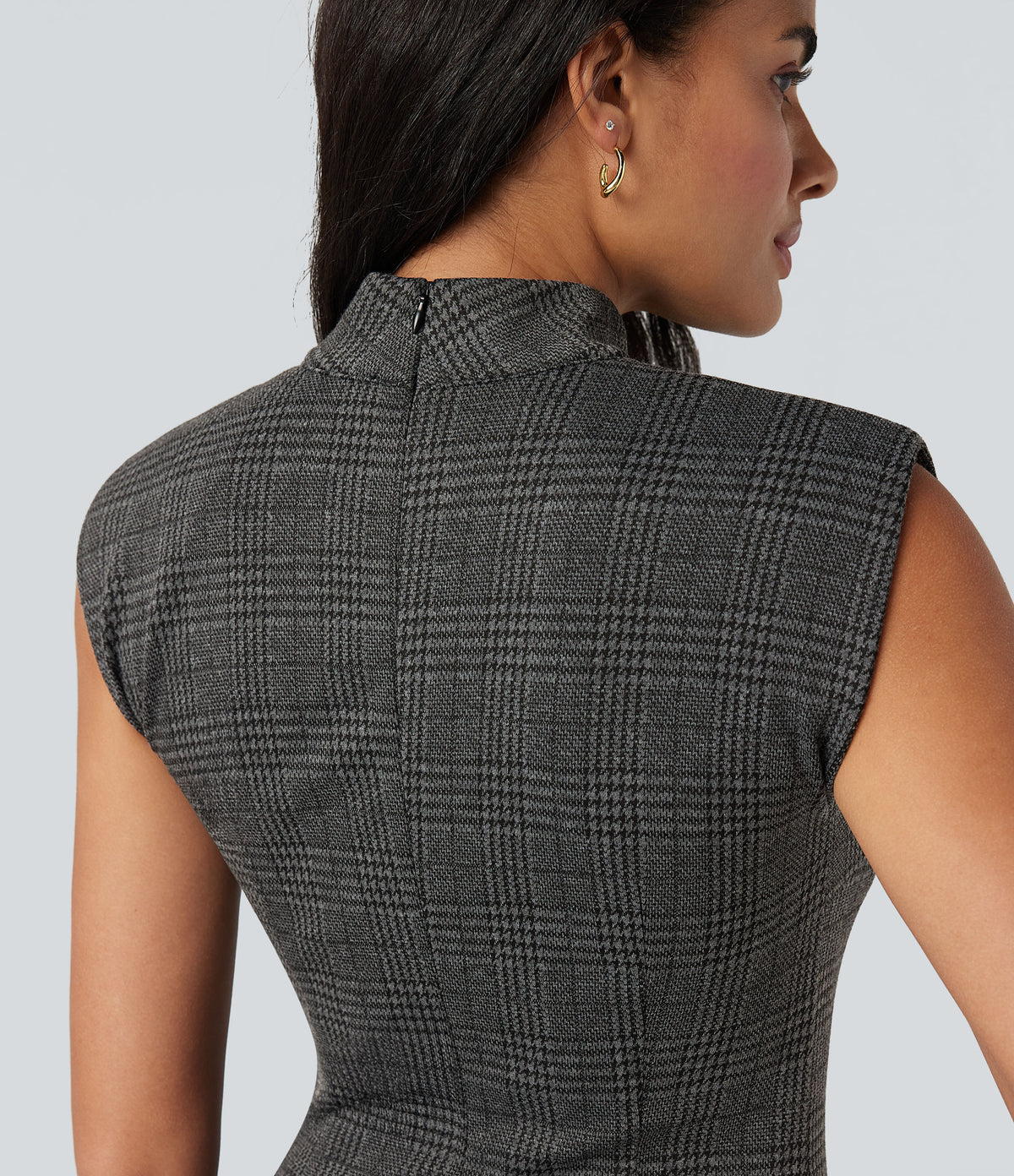 High Neck Sleeveless Bodycon Houndstooth Plaid Midi Work Dress — Charcoal Black Houndstooth Plaid — view 5
