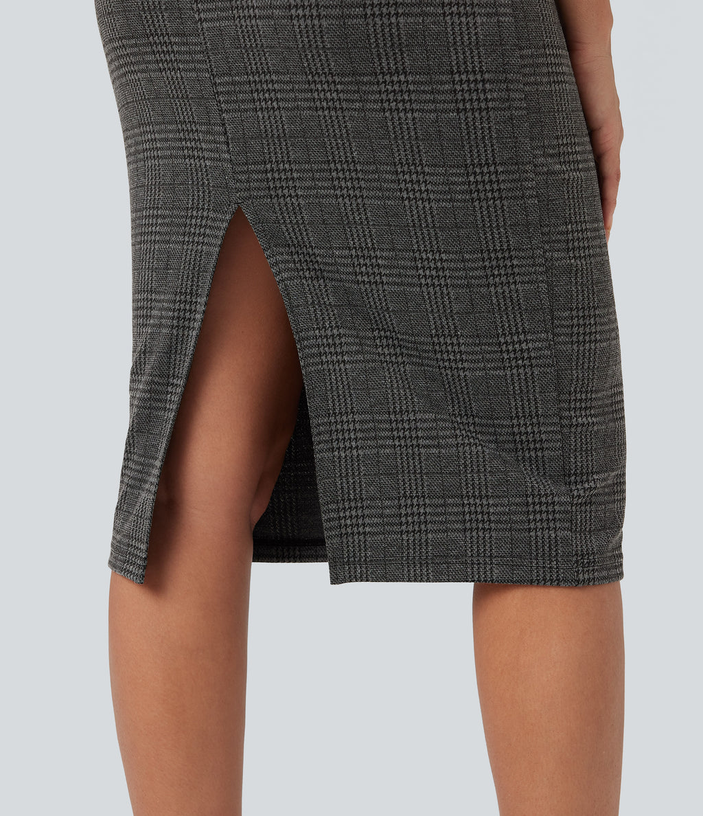 High Neck Sleeveless Bodycon Houndstooth Plaid Midi Work Dress — Charcoal Black Houndstooth Plaid — view 6