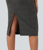 High Neck Sleeveless Bodycon Houndstooth Plaid Midi Work Dress — Charcoal Black Houndstooth Plaid — view 6