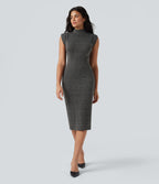 High Neck Sleeveless Bodycon Houndstooth Plaid Midi Work Dress — Charcoal Black Houndstooth Plaid — view 3