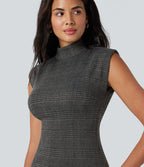 High Neck Sleeveless Bodycon Houndstooth Plaid Midi Work Dress — Charcoal Black Houndstooth Plaid — view 4