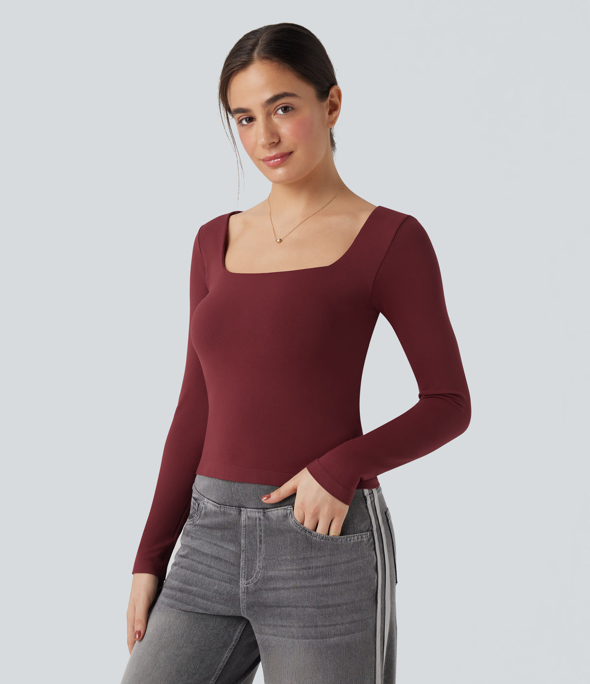 OneForm Seamless Flow Square Neck Long Sleeve 2-in-1 Yoga Sports Top — Pomegranate — view 4