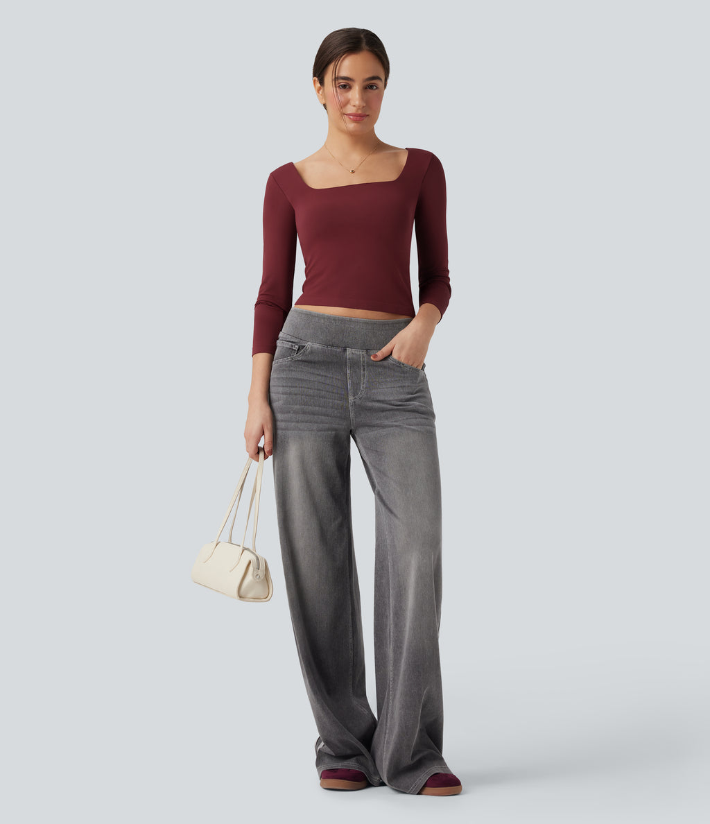 OneForm Seamless Flow Square Neck Long Sleeve 2-in-1 Yoga Sports Top — Pomegranate — view 7