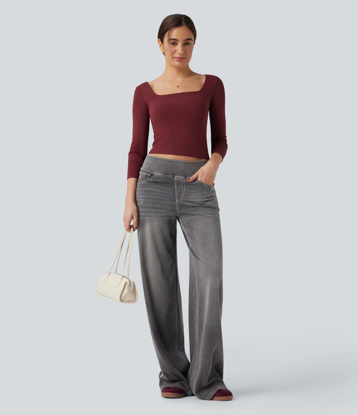 OneForm Seamless Flow Square Neck Long Sleeve 2-in-1 Yoga Sports Top — Pomegranate — view 7