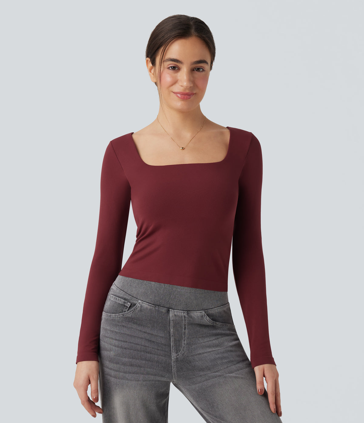 OneForm Seamless Flow Square Neck Long Sleeve 2-in-1 Yoga Sports Top — Pomegranate — view 2