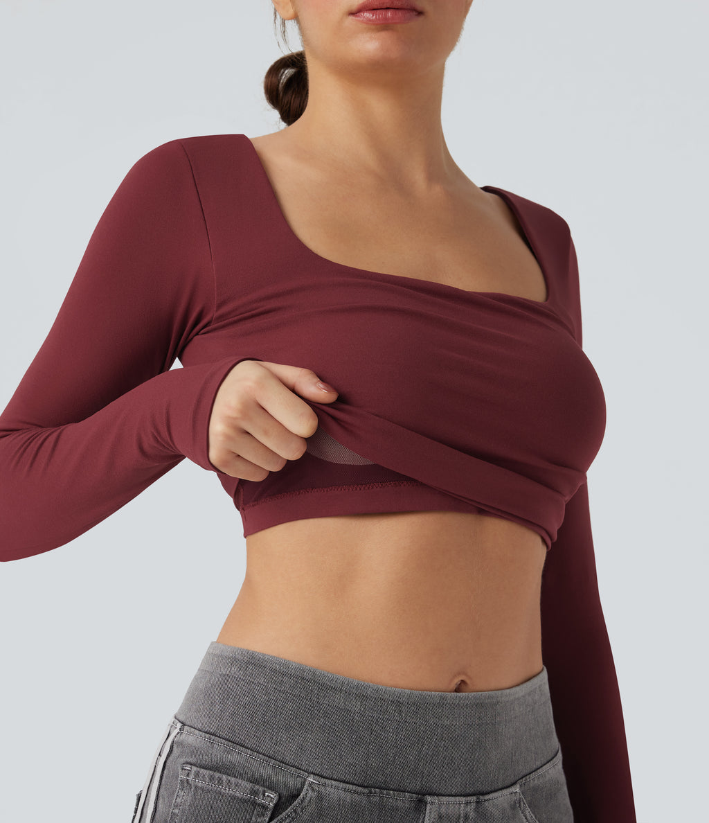 OneForm Seamless Flow Square Neck Long Sleeve 2-in-1 Yoga Sports Top — Pomegranate — view 1