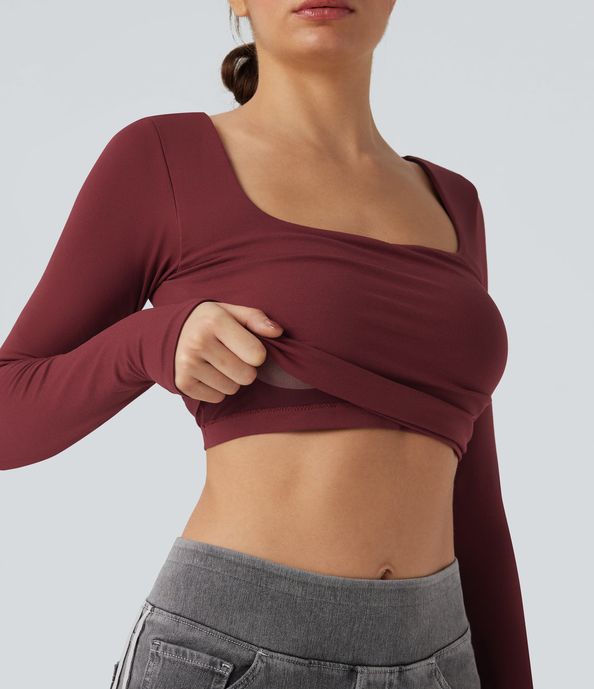 OneForm Seamless Flow Square Neck Long Sleeve 2-in-1 Yoga Sports Top — Pomegranate — view 1