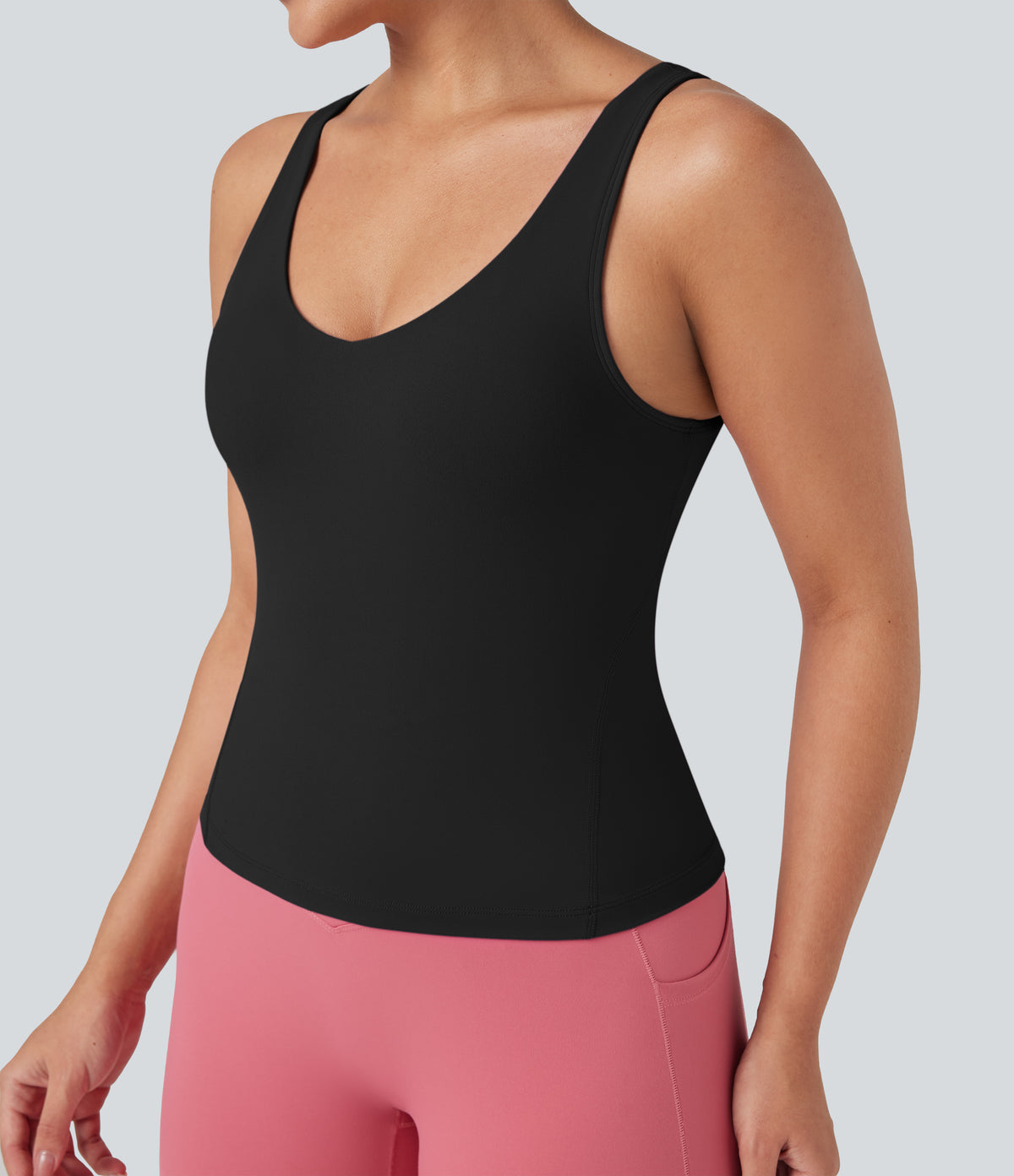 Deep V-Neck Scoop Back Yoga Tank Top — Black — view 4