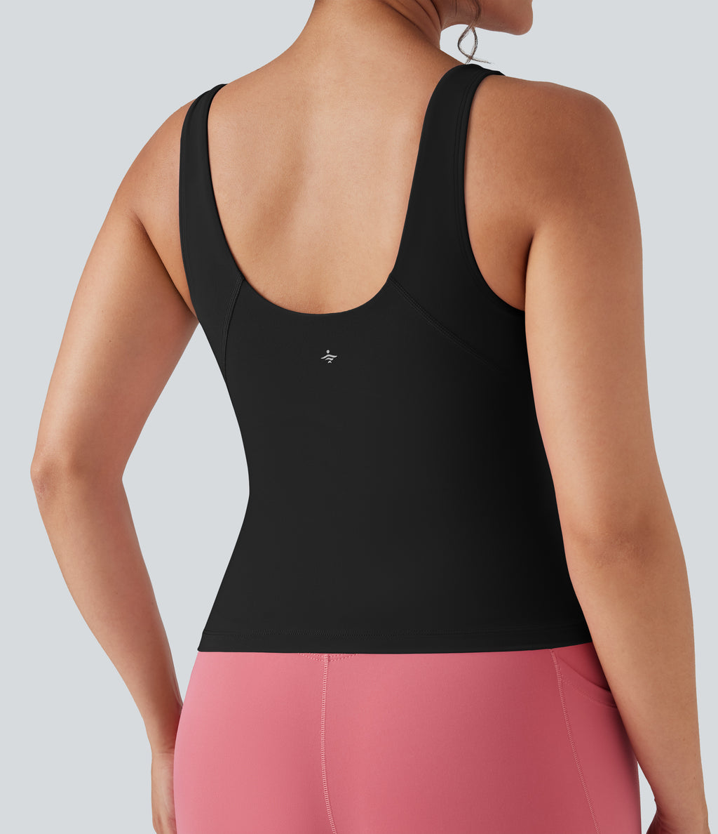 Deep V-Neck Scoop Back Yoga Tank Top — Black — view 5
