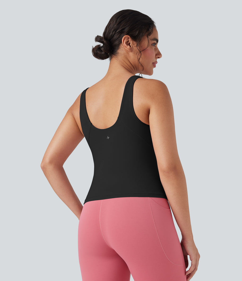 Deep V-Neck Scoop Back Yoga Tank Top — Black — view 2
