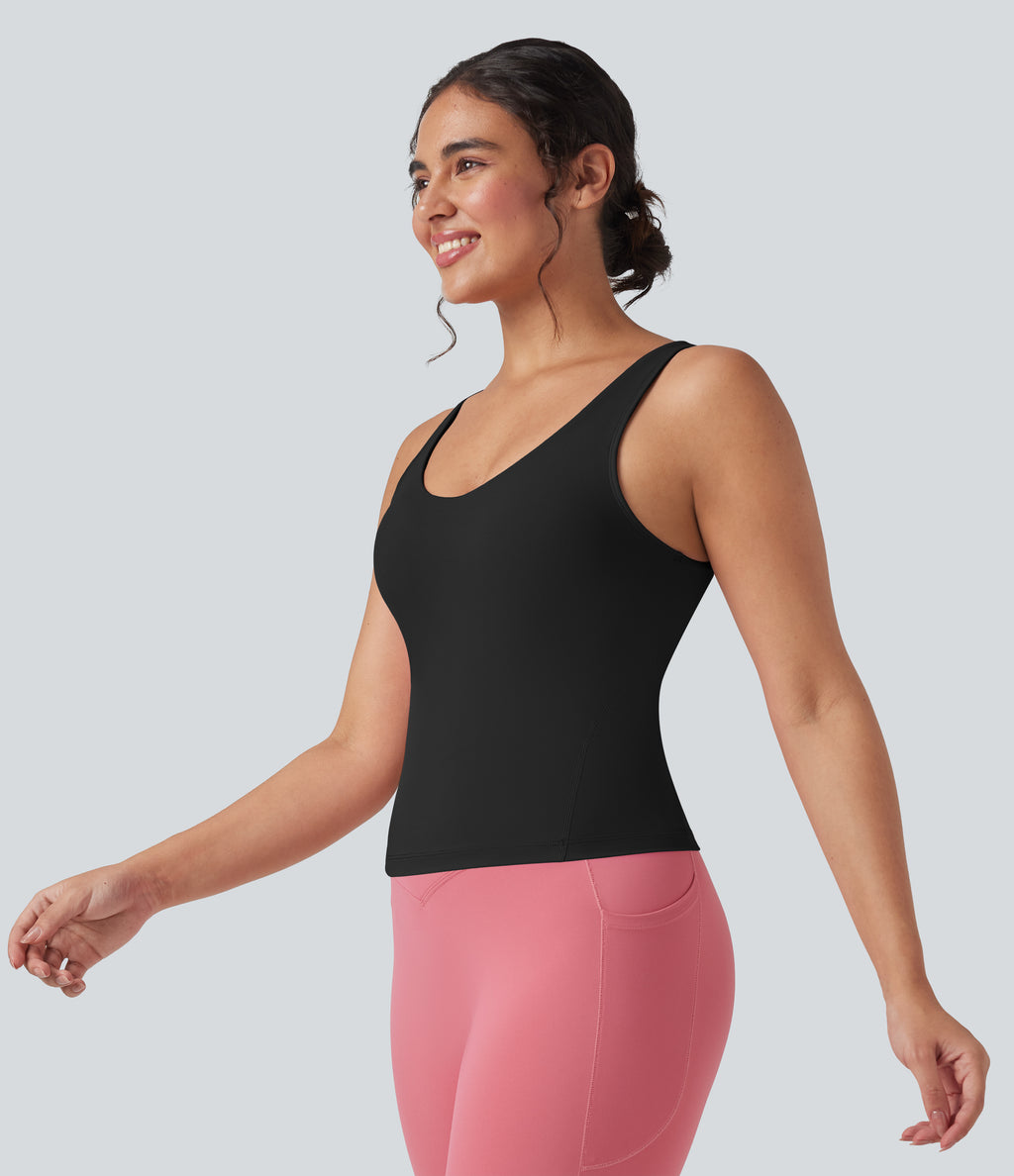 Deep V-Neck Scoop Back Yoga Tank Top — Black — view 3