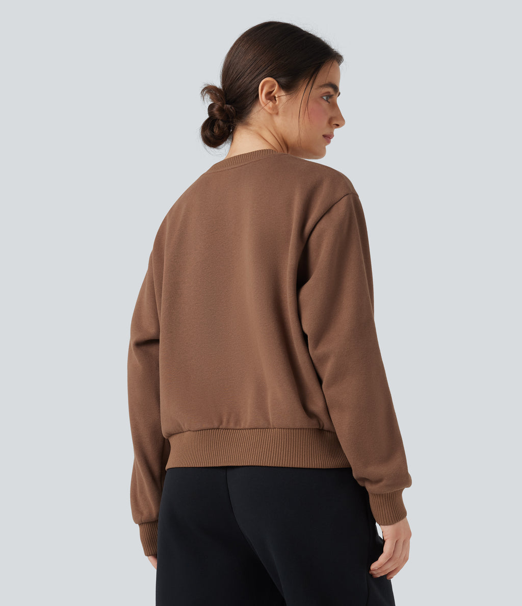 Round Neck Long Sleeve Fleece Casual Cotton Sweatshirt with Pockets — Pecan Pie — view 2