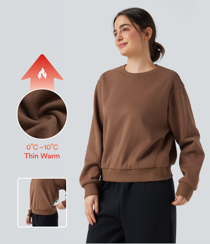 Round Neck Long Sleeve Fleece Casual Cotton Sweatshirt with Pockets — Pecan Pie — view 1