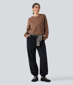 Round Neck Long Sleeve Fleece Casual Cotton Sweatshirt with Pockets — Pecan Pie — view 5