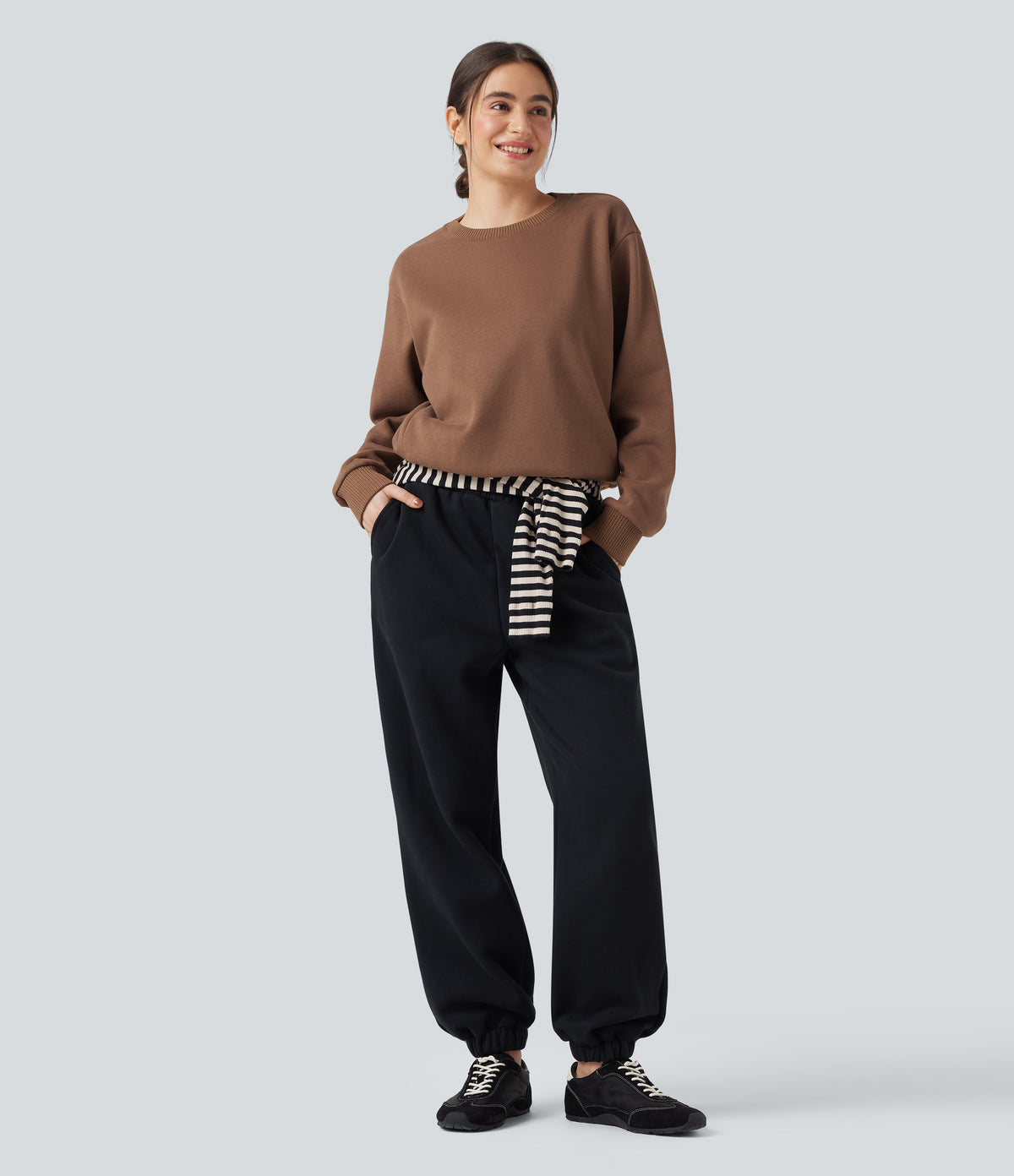Round Neck Long Sleeve Fleece Casual Cotton Sweatshirt with Pockets — Pecan Pie — view 5