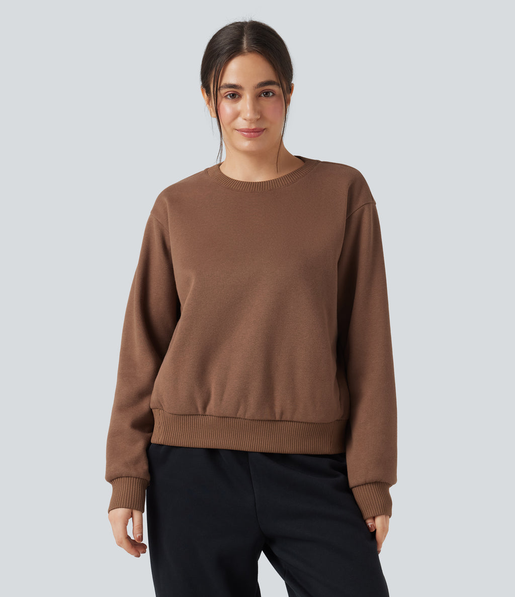 Round Neck Long Sleeve Fleece Casual Cotton Sweatshirt with Pockets — Pecan Pie — view 3