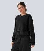 Round Neck Long Sleeve Fleece Casual Cotton Sweatshirt with Pockets — Black — view 6