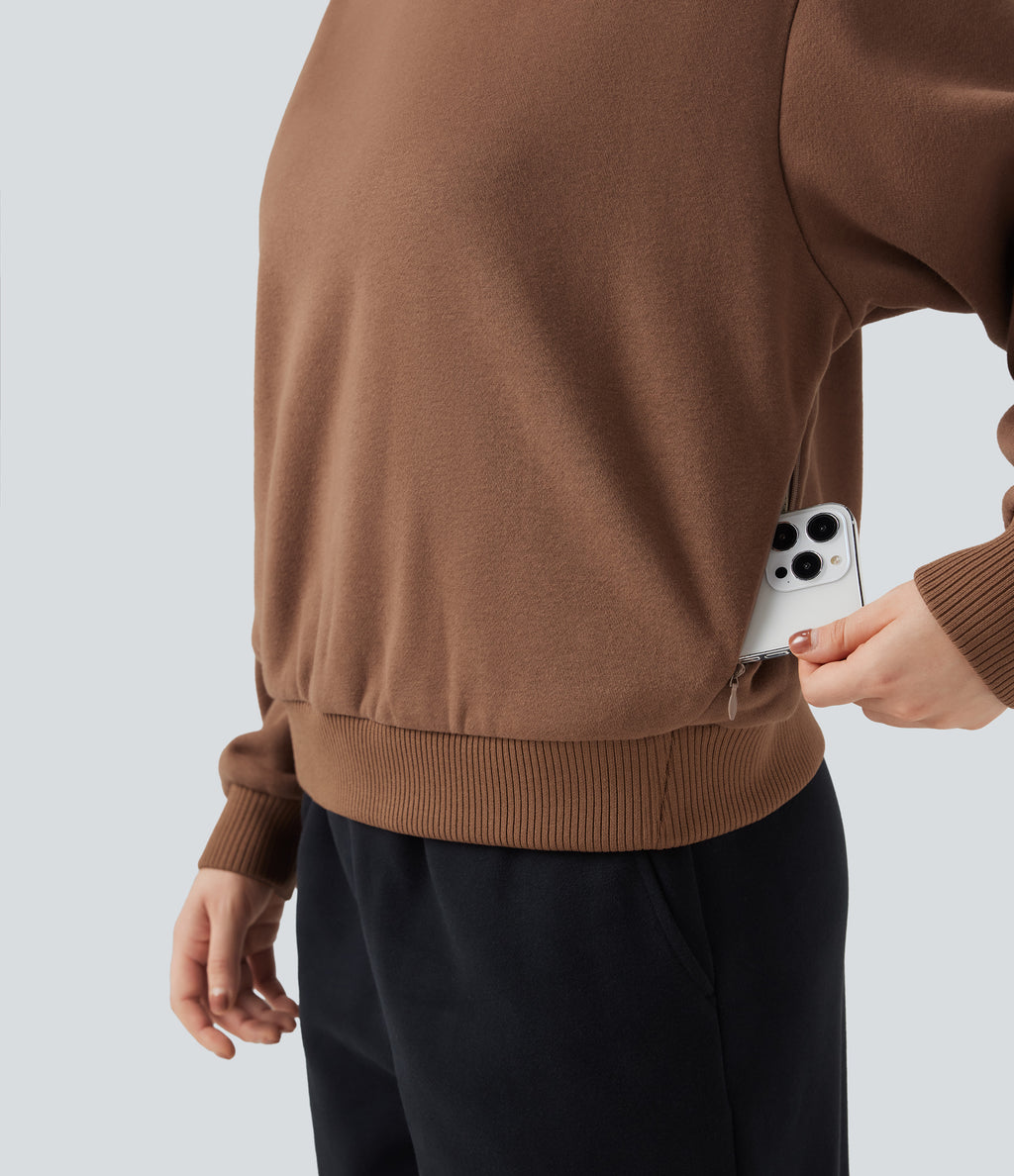 Round Neck Long Sleeve Fleece Casual Cotton Sweatshirt with Pockets — Pecan Pie — view 4