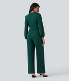 V Neck Long Sleeve Wide Leg Work Jumpsuit with Pockets-Edition — Rain Forest — view 2