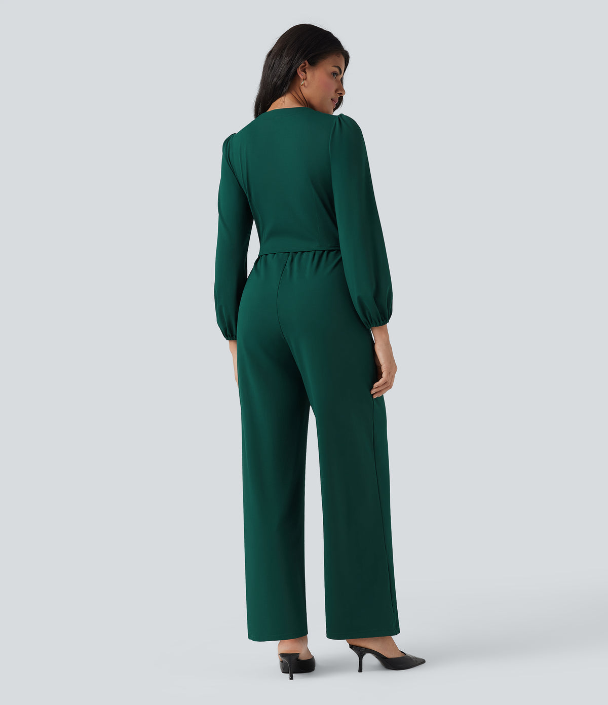 V Neck Long Sleeve Wide Leg Work Jumpsuit with Pockets-Edition — Rain Forest — view 2