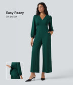 V Neck Long Sleeve Wide Leg Work Jumpsuit with Pockets-Edition — Rain Forest — view 1