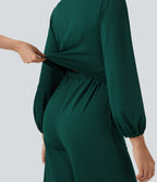 V Neck Long Sleeve Wide Leg Work Jumpsuit with Pockets-Edition — Rain Forest — view 5