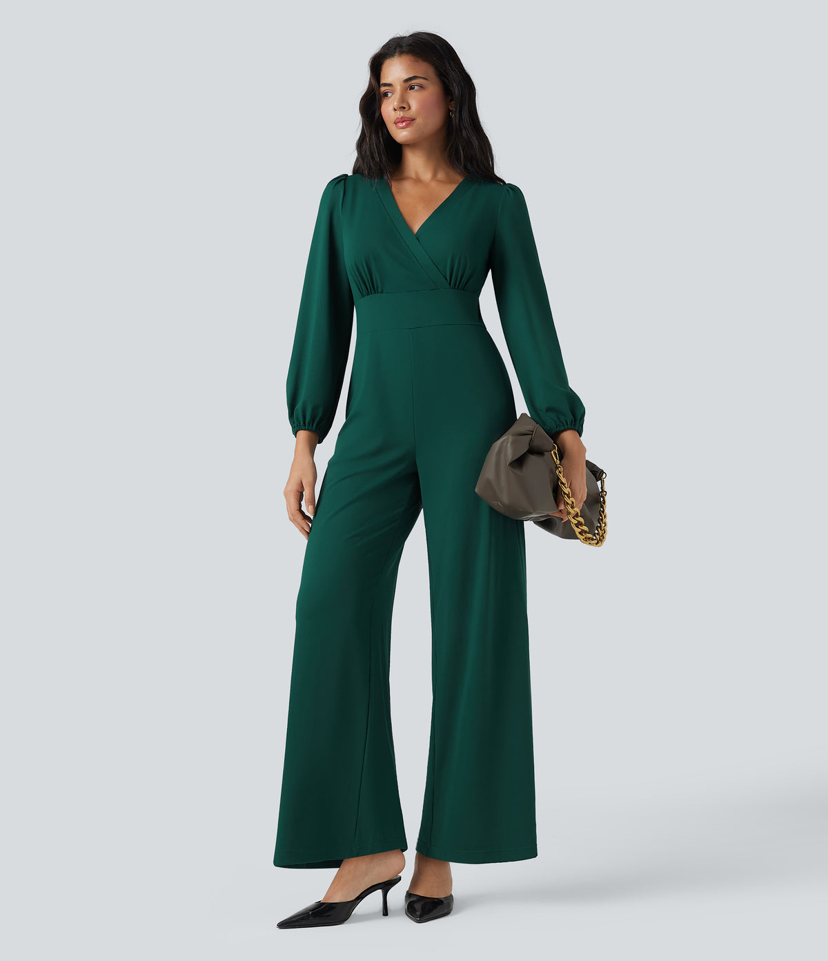 V Neck Long Sleeve Wide Leg Work Jumpsuit with Pockets-Edition — Rain Forest — view 6