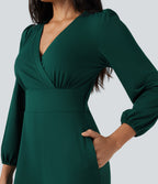V Neck Long Sleeve Wide Leg Work Jumpsuit with Pockets-Edition — Rain Forest — view 4