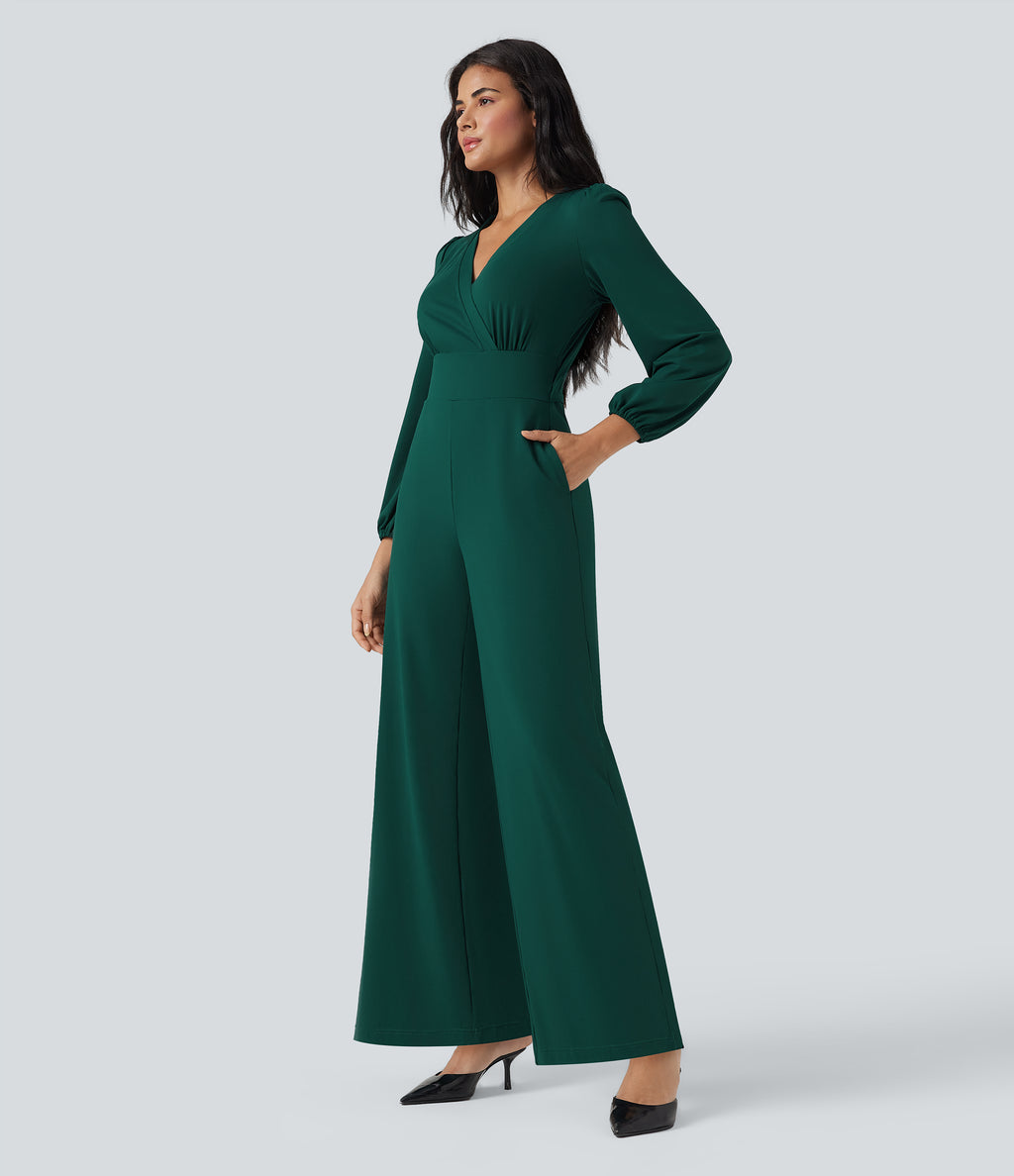 V Neck Long Sleeve Wide Leg Work Jumpsuit with Pockets-Edition — Rain Forest — view 3
