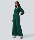 V Neck Long Sleeve Wide Leg Work Jumpsuit with Pockets-Edition — Rain Forest — view 3