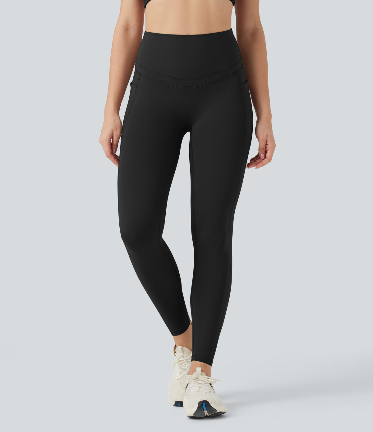 High Waisted Butt Lifting Tummy Control Shaping Training Leggings with Pockets — Black — view 3