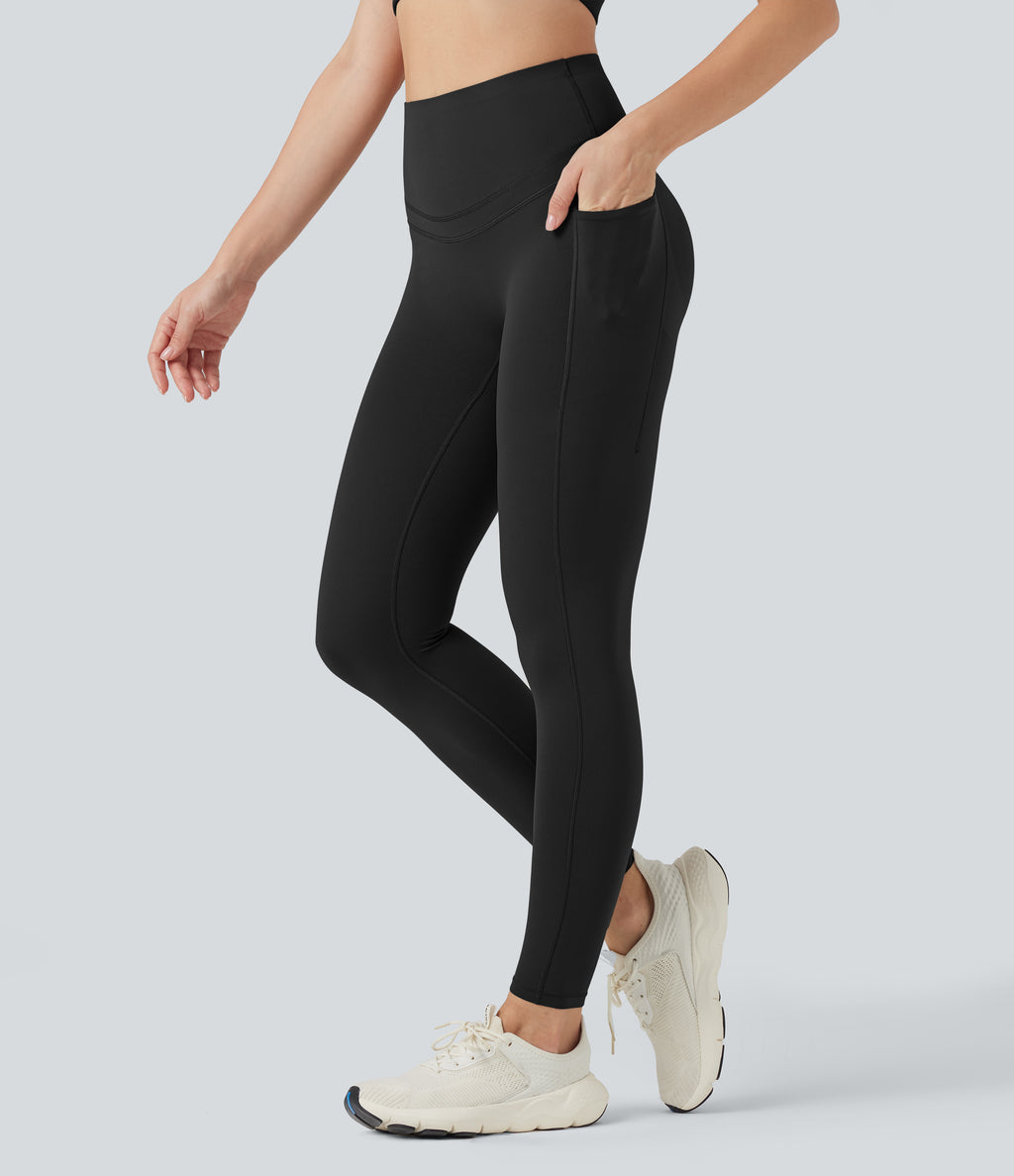 High Waisted Butt Lifting Tummy Control Shaping Training Leggings with Pockets — Black — view 4