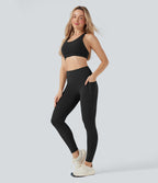 High Waisted Butt Lifting Tummy Control Shaping Training Leggings with Pockets — Black — view 7