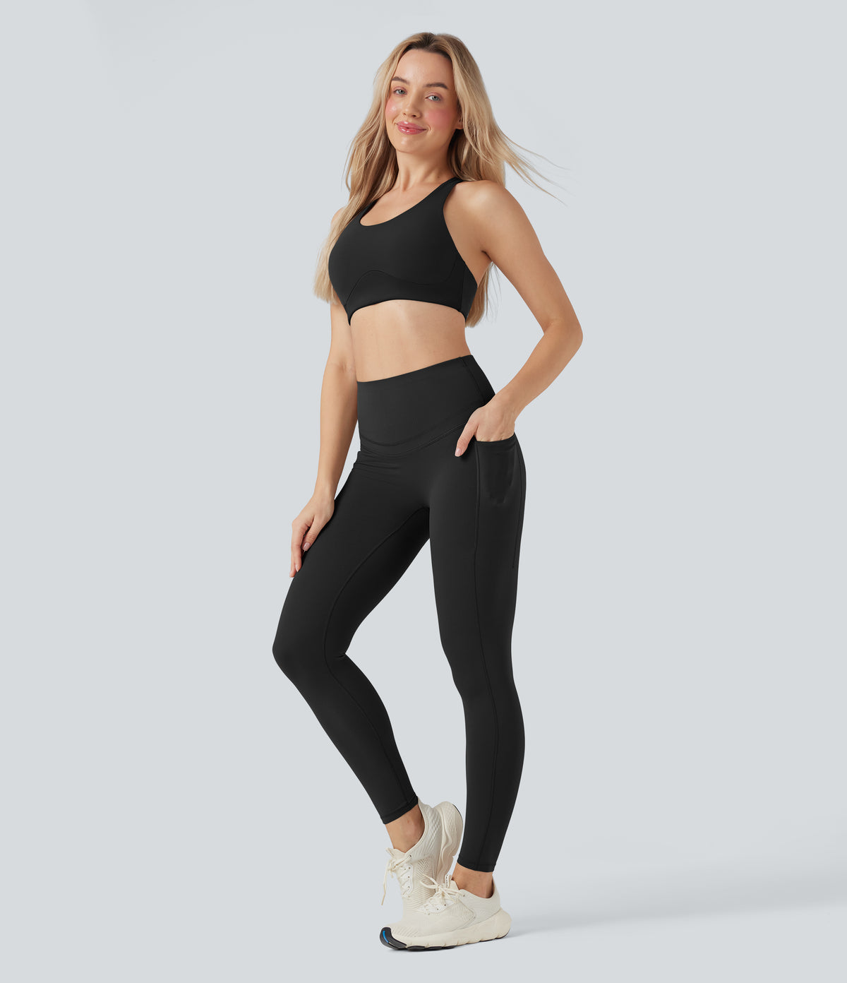 High Waisted Butt Lifting Tummy Control Shaping Training Leggings with Pockets — Black — view 7