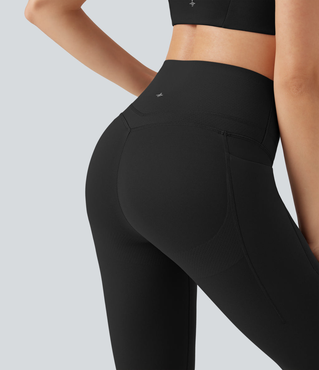 High Waisted Butt Lifting Tummy Control Shaping Training Leggings with Pockets — Black — view 6