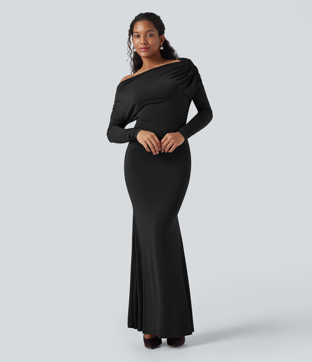 Off Shoulder Long Sleeve Maxi Mermaid Dress — Black — view 6