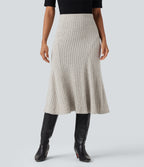 Ribbed Knit High-waisted Midi Casual A-line Skirt — Warm Grey Floral Velvet — view 1