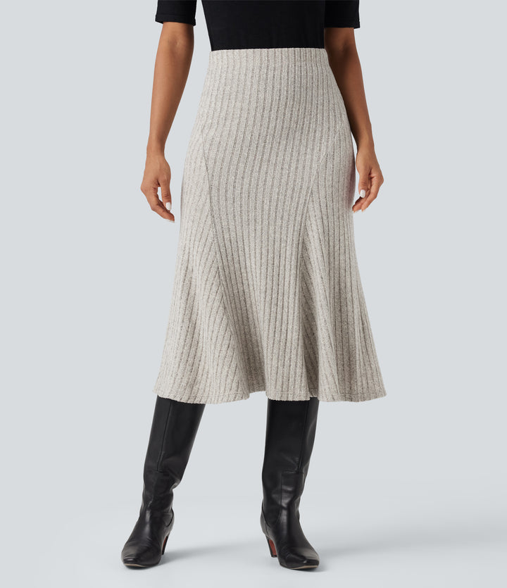 Ribbed Knit High-waisted Midi Casual A-line Skirt — Warm Grey Floral Velvet — view 1