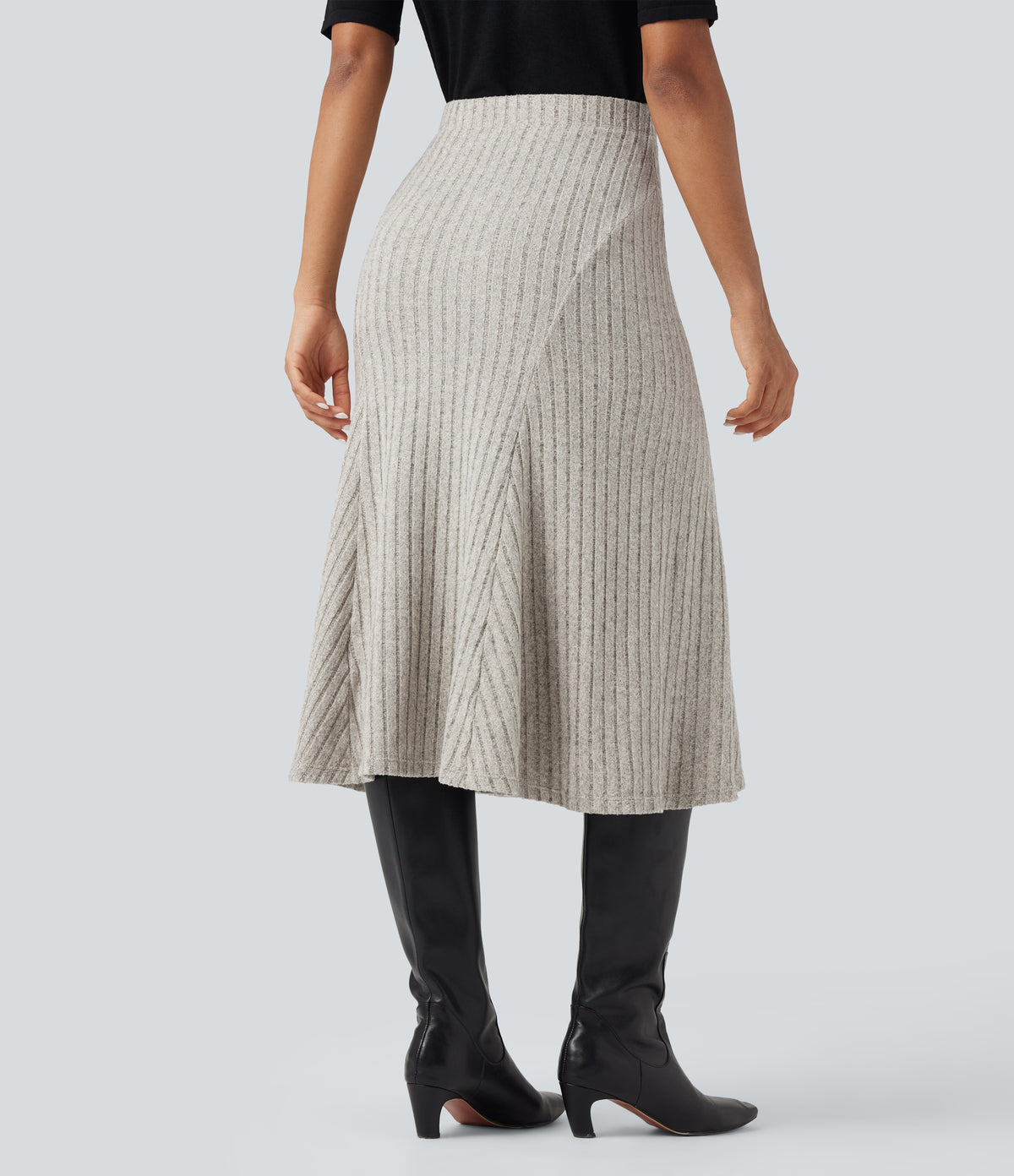 Ribbed Knit High-waisted Midi Casual A-line Skirt — Warm Grey Floral Velvet — view 2