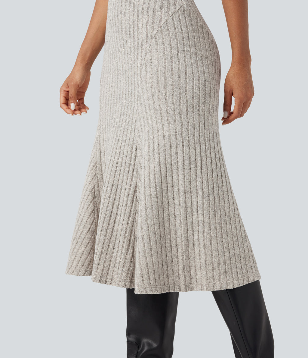 Ribbed Knit High-waisted Midi Casual A-line Skirt — Warm Grey Floral Velvet — view 4