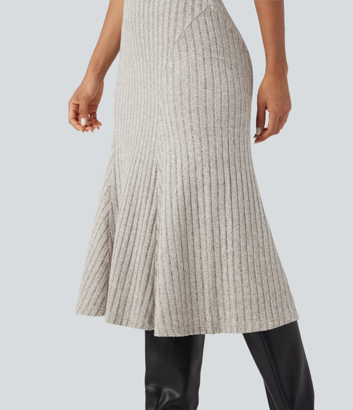 Ribbed Knit High-waisted Midi Casual A-line Skirt — Warm Grey Floral Velvet — view 4
