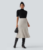 Ribbed Knit High-waisted Midi Casual A-line Skirt — Warm Grey Floral Velvet — view 5