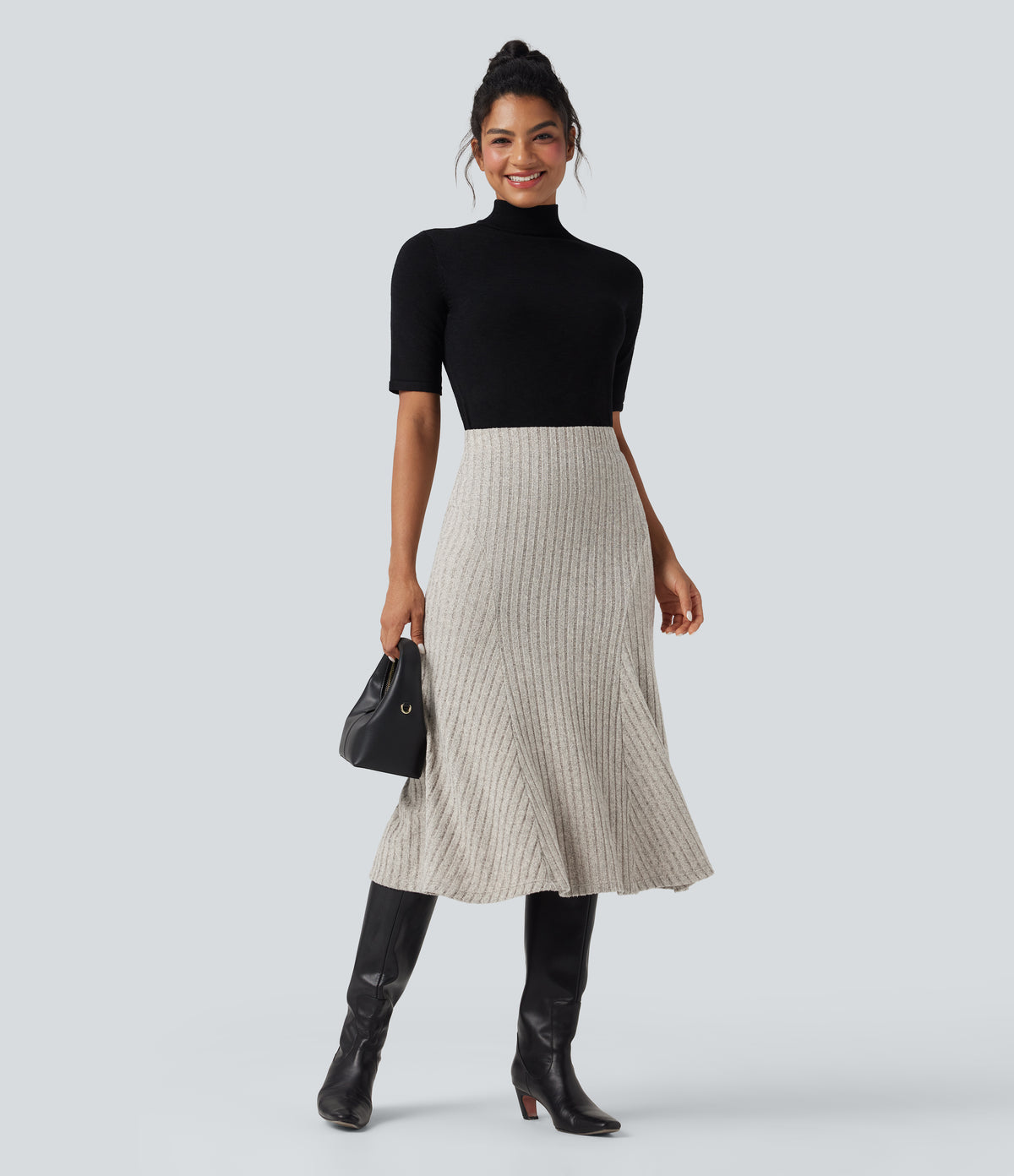 Ribbed Knit High-waisted Midi Casual A-line Skirt — Warm Grey Floral Velvet — view 5