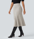Ribbed Knit High-waisted Midi Casual A-line Skirt — Warm Grey Floral Velvet — view 3
